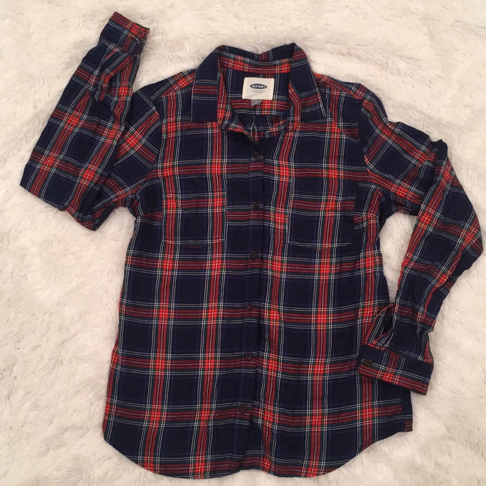 Soft Navy Flannel Button Down Shirt Top, Medium